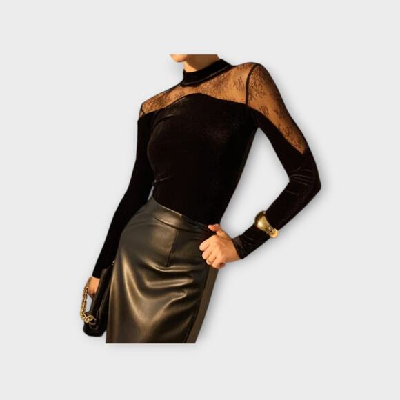 Commense Black Velvet & Lace Mesh Long Sleeve Top – XL (US 12) - Picture 3 of 5